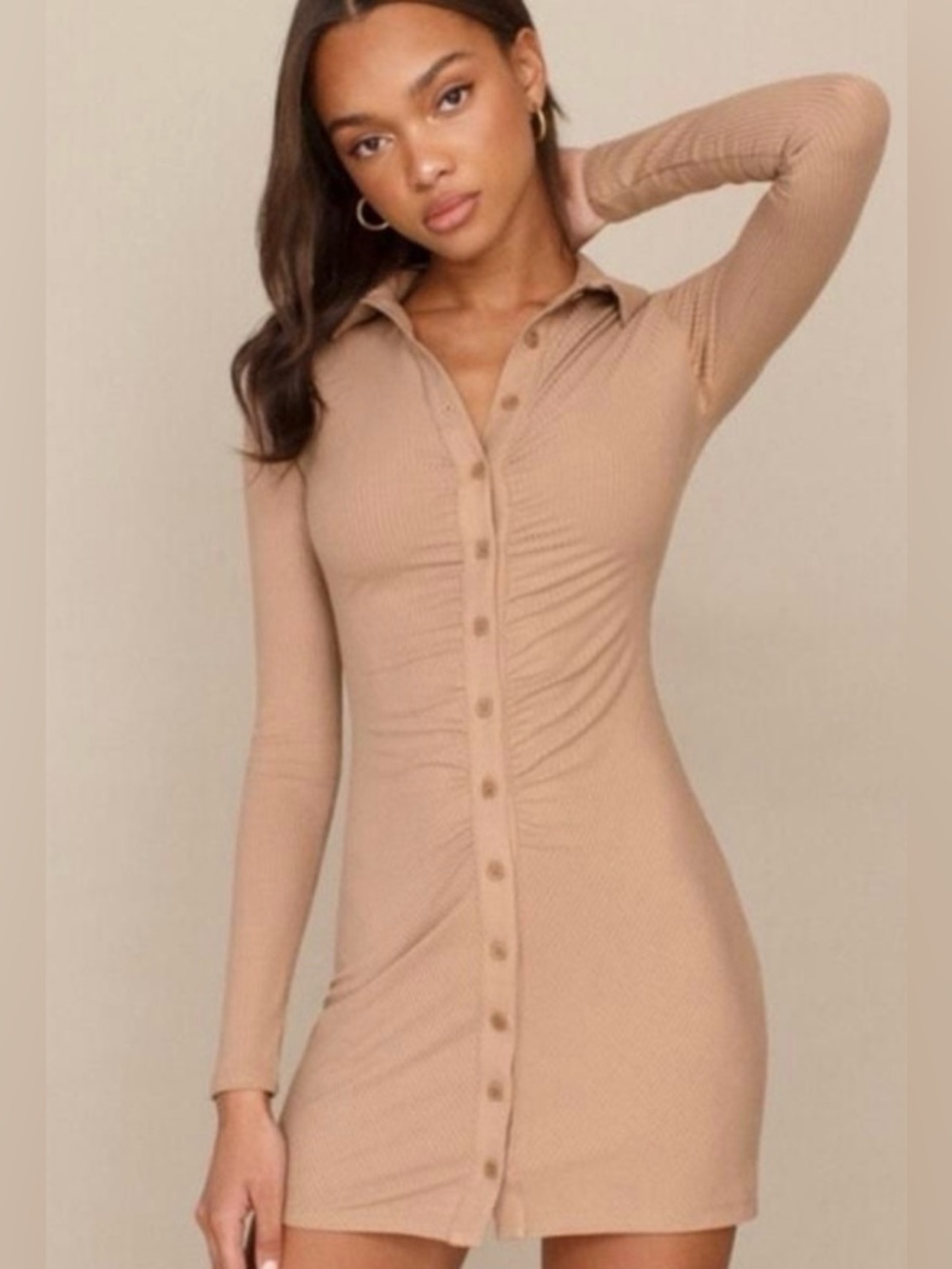Reformation Button-Front Ribbed Mini Dress in Camel